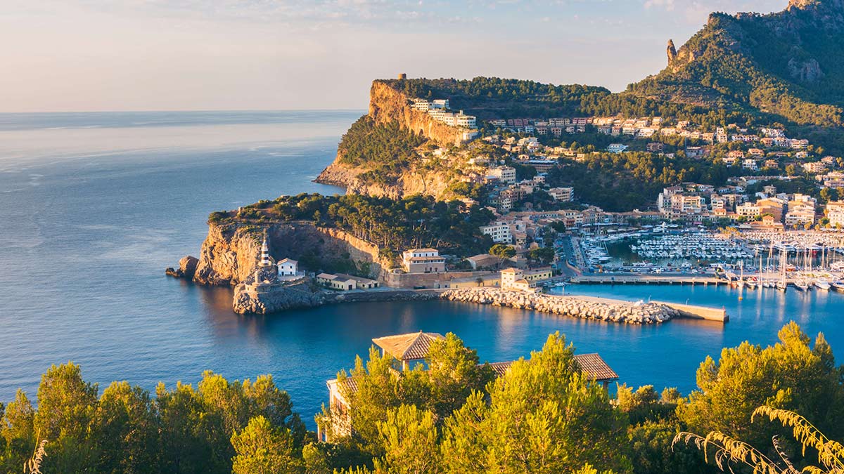 High Angle View on Port de Soller, Mallorca, Balearic Islands, Spain at Sunset.